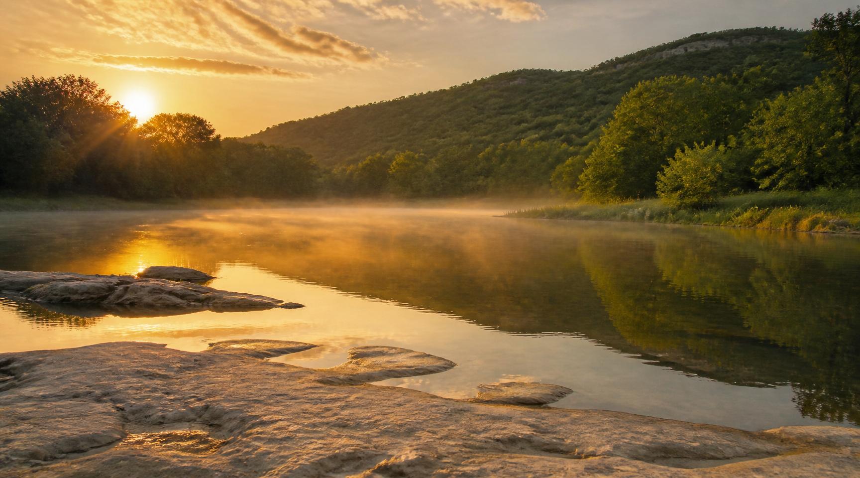 Sunrise over a calm Texas Hill Country river with limestone riverbed