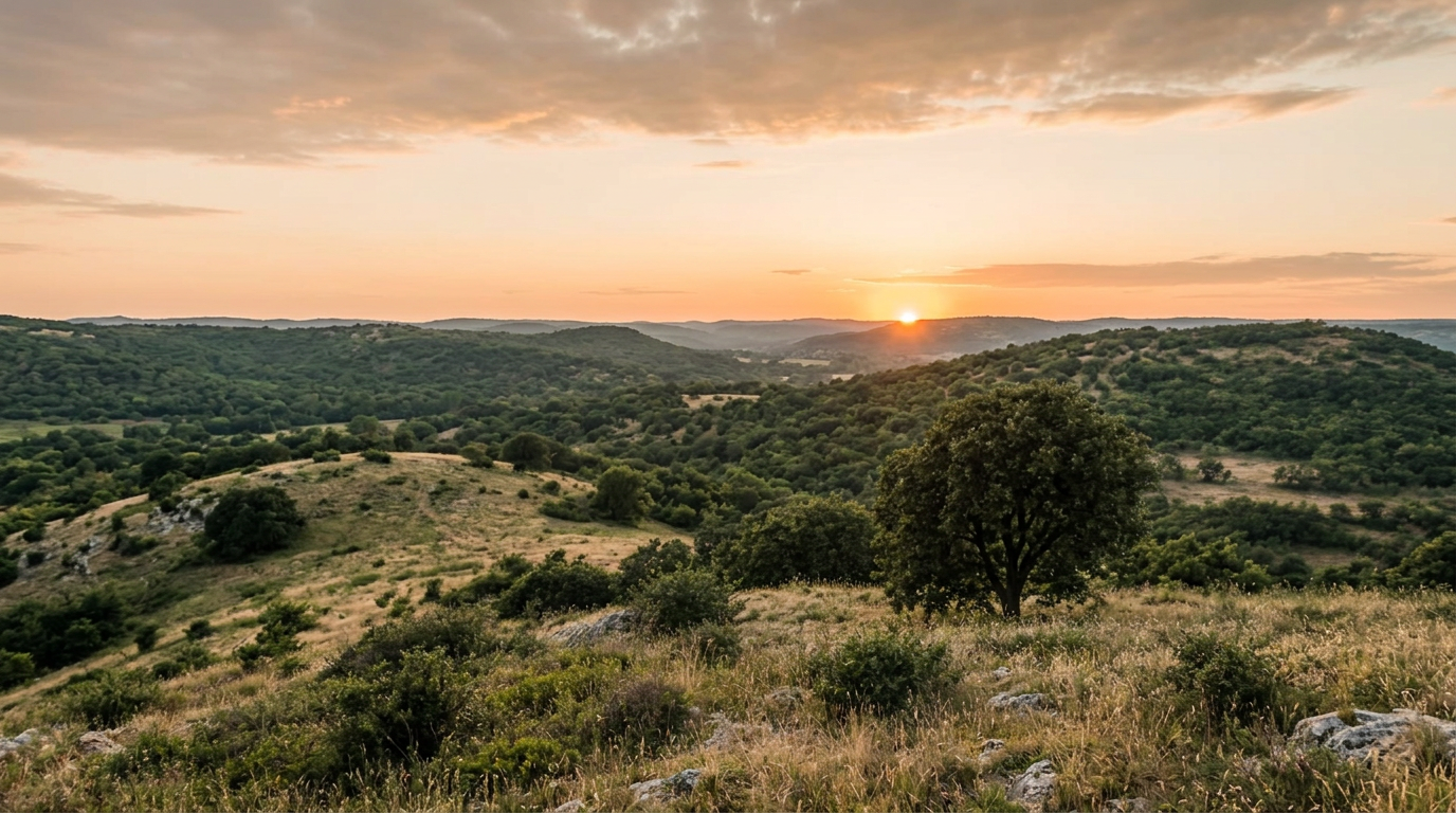 Expansive Texas Hill Country hilltops at golden hour with a rising sun