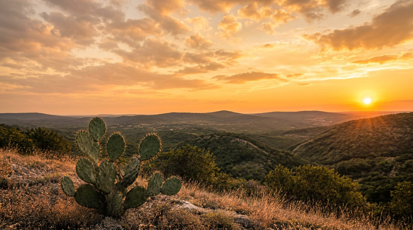 Wide Texas Hill Country vista at sunset with rolling green hills, a golden sky, and a prickly pear cactus in the foreground
